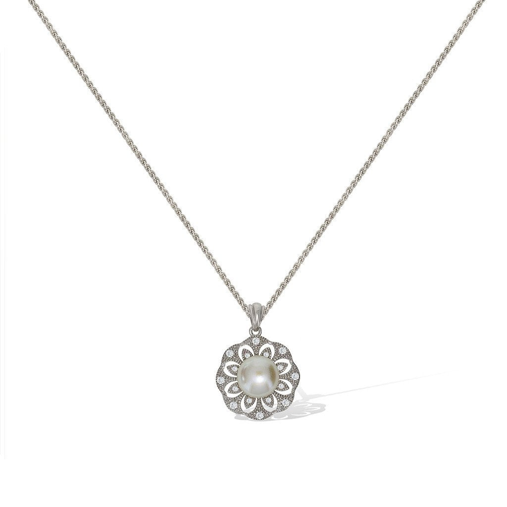 Gemvine Sterling Silver Freshwater Pearl Flower Cubic Pendant Necklace + 18 Inch Adjustable Chain