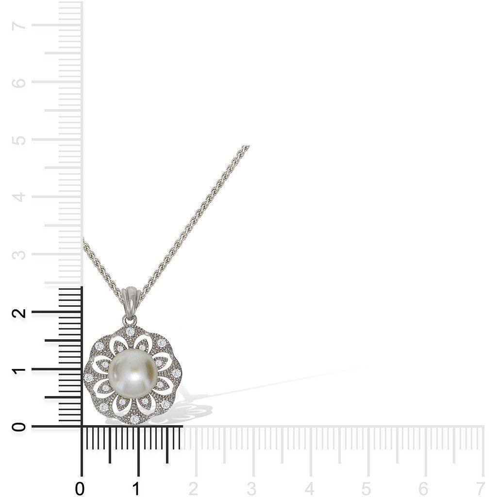 Gemvine Sterling Silver Freshwater Pearl Flower Cubic Pendant Necklace + 18 Inch Adjustable Chain