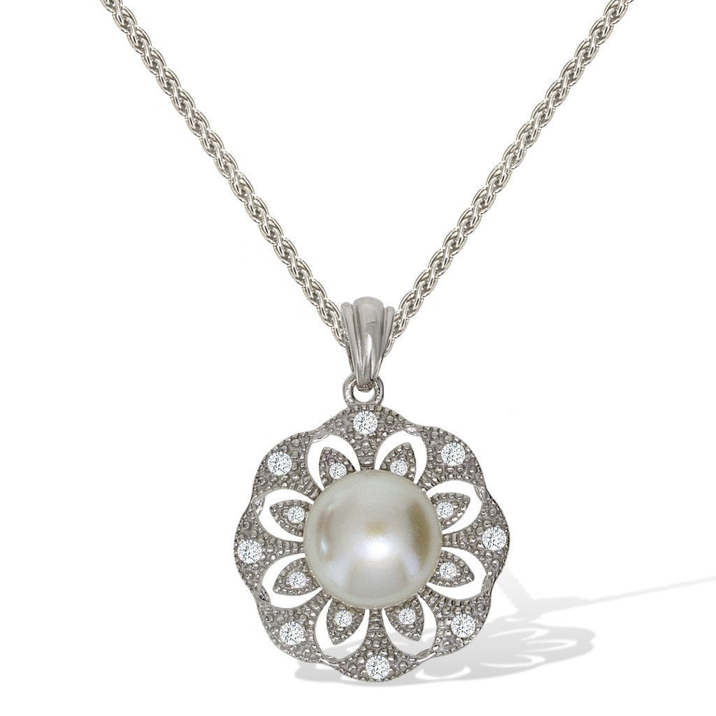 Gemvine Sterling Silver Freshwater Pearl Flower Cubic Pendant Necklace + 18 Inch Adjustable Chain