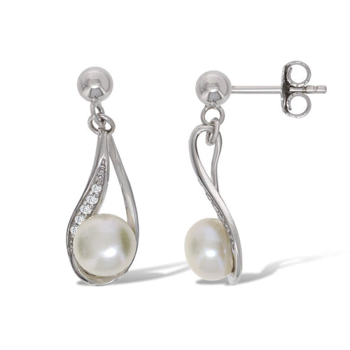 Gemvine Sterling Silver Freshwater Pearl Spiral Drop Dangle Woman's Earrings